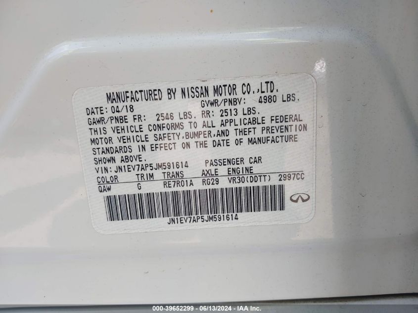 2018 Infiniti Q50 3.0T Luxe VIN: JN1EV7AP5JM591614 Lot: 39652299