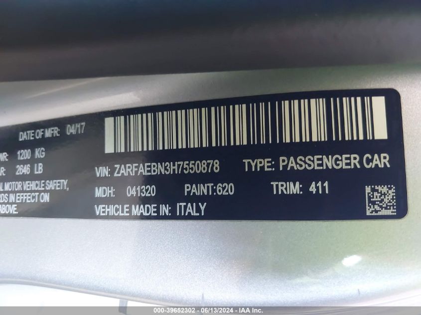 2017 Alfa Romeo Giulia Rwd VIN: ZARFAEBN3H7550878 Lot: 39652302