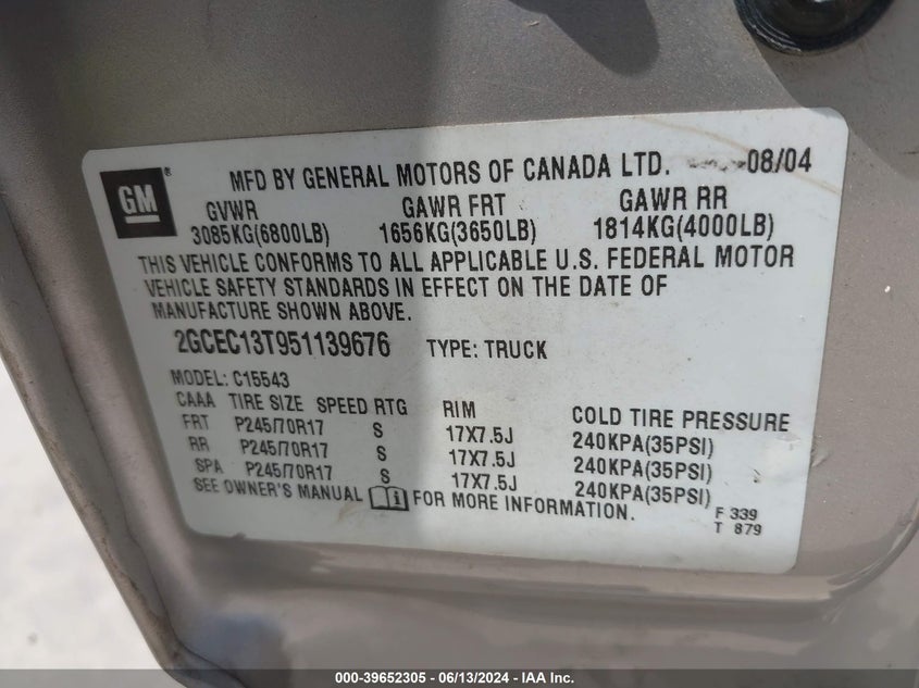 2005 Chevrolet Silverado 1500 Ls VIN: 2GCEC13T951139676 Lot: 39652305