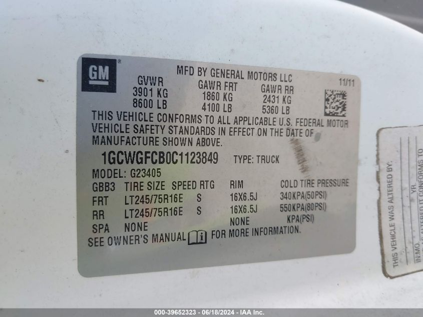 2012 Chevrolet Express 2500 Work Van VIN: 1GCWGFCB0C1123849 Lot: 39652323