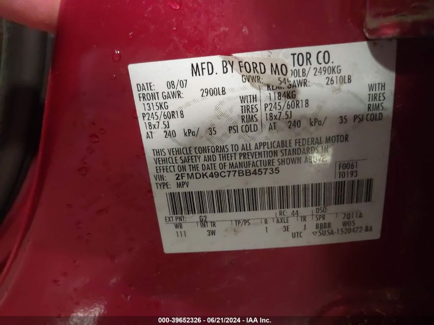 2007 Ford Edge Sel Plus VIN: 2FMDK49C77BB45735 Lot: 39652326