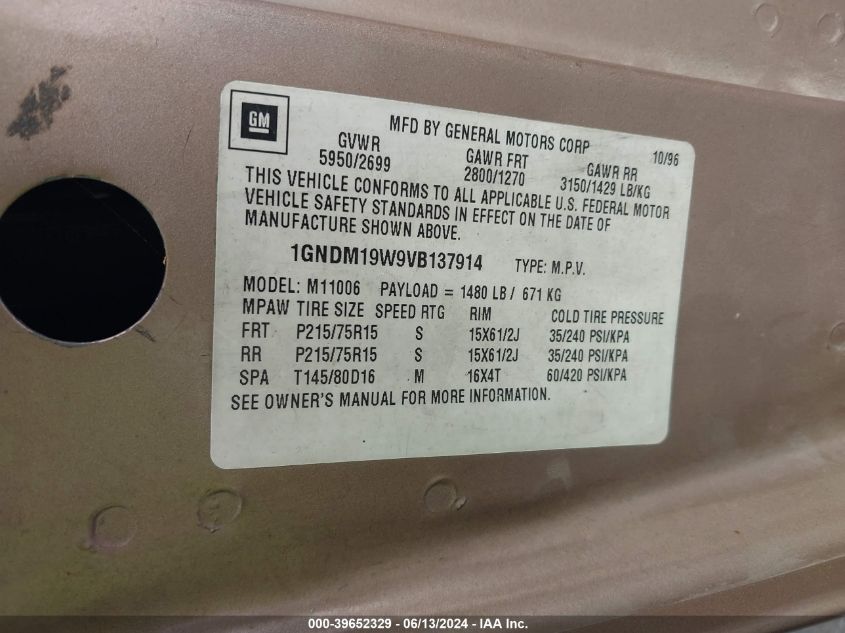 1997 Chevrolet Astro VIN: 1GNDM19W9VB137914 Lot: 39652329