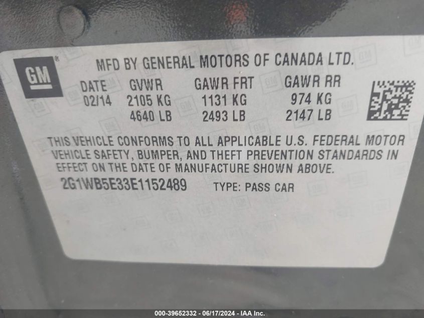 2014 Chevrolet Impala Limited Lt VIN: 2G1WB5E33E1152489 Lot: 39652332