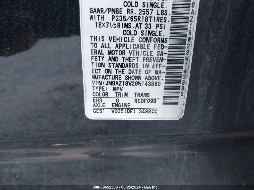 2009 Nissan Murano Sl VIN: JN8AZ18W29W143880 Lot: 39652339