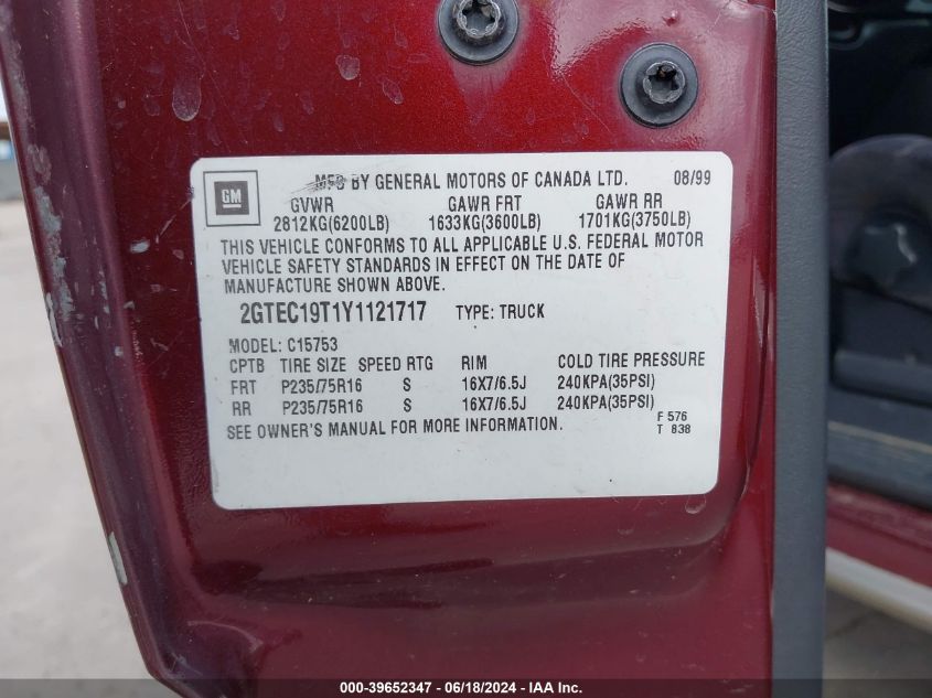 2000 GMC Sierra 1500 Sle VIN: 2GTEC19T1Y1121717 Lot: 39652347