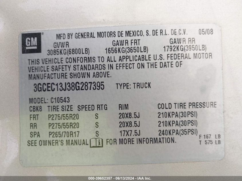 2008 Chevrolet Silverado 1500 Lt1 VIN: 3GCEC13J38G287395 Lot: 39652357