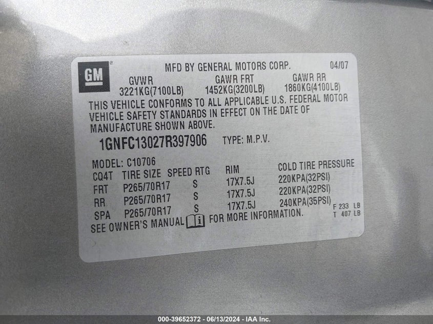 2007 Chevrolet Tahoe Lt VIN: 1GNFC13027R397906 Lot: 39652372