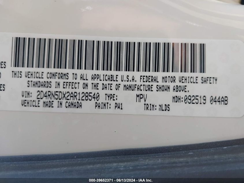 2010 Dodge Grand Caravan Sxt VIN: 2D4RN5DX2AR128540 Lot: 39652371