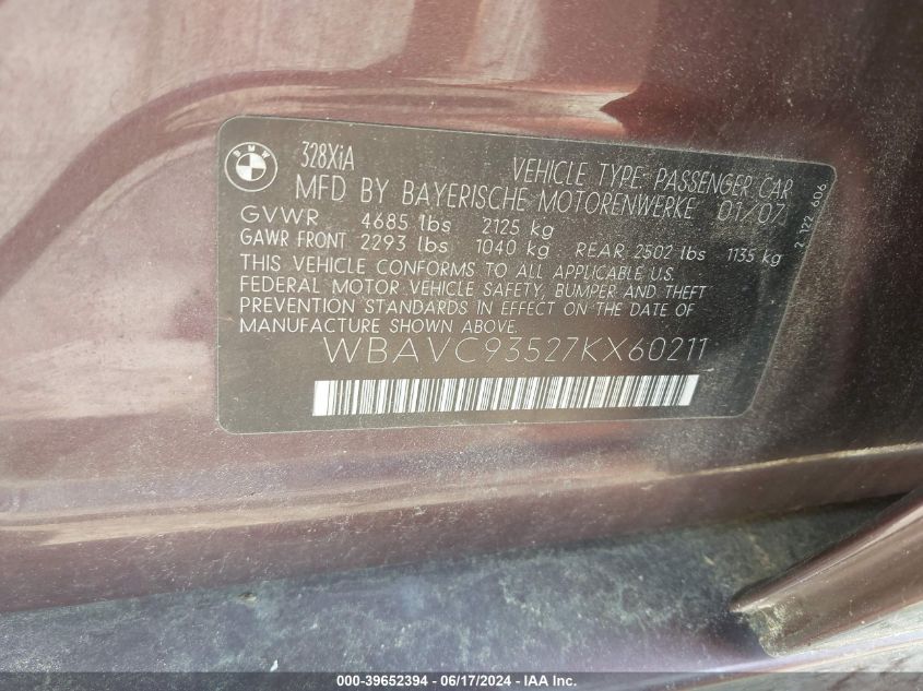 2007 BMW 328Xi VIN: WBAVC93527KX60211 Lot: 39652394