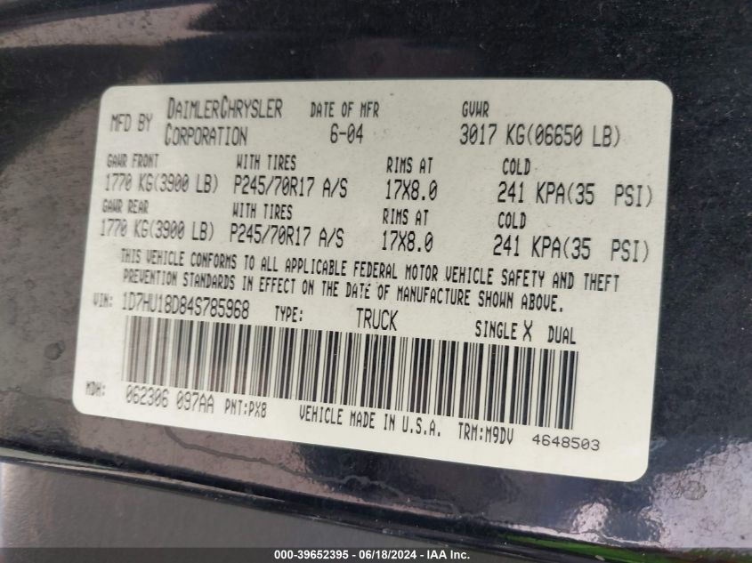 2004 Dodge Ram 1500 Slt/Laramie VIN: 1D7HU18D84S785968 Lot: 39652395