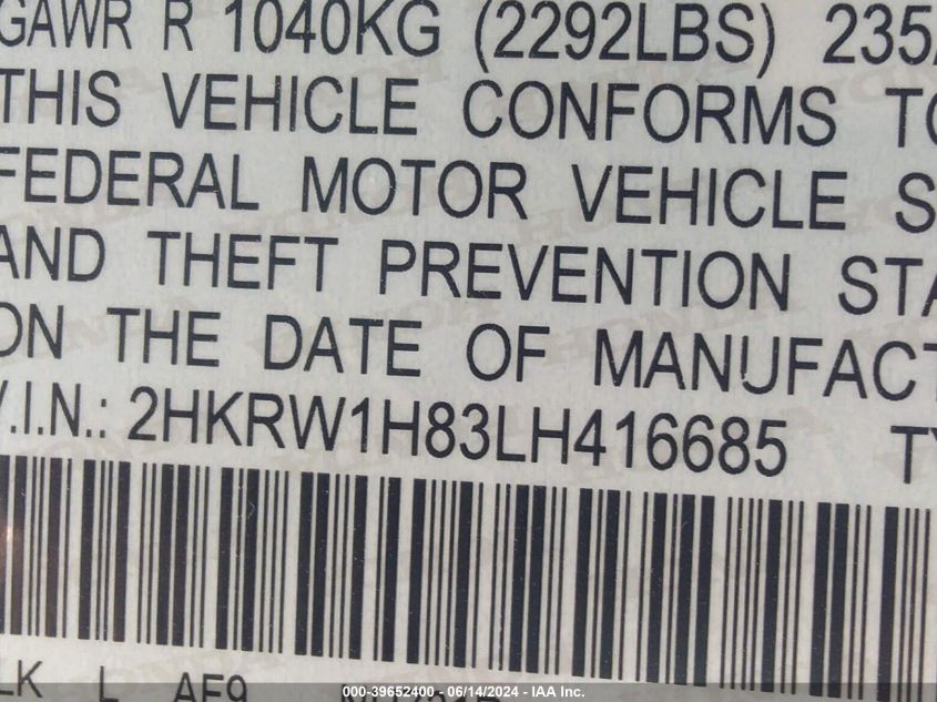 2020 Honda Cr-V 2Wd Ex-L VIN: 2HKRW1H83LH416685 Lot: 39652400