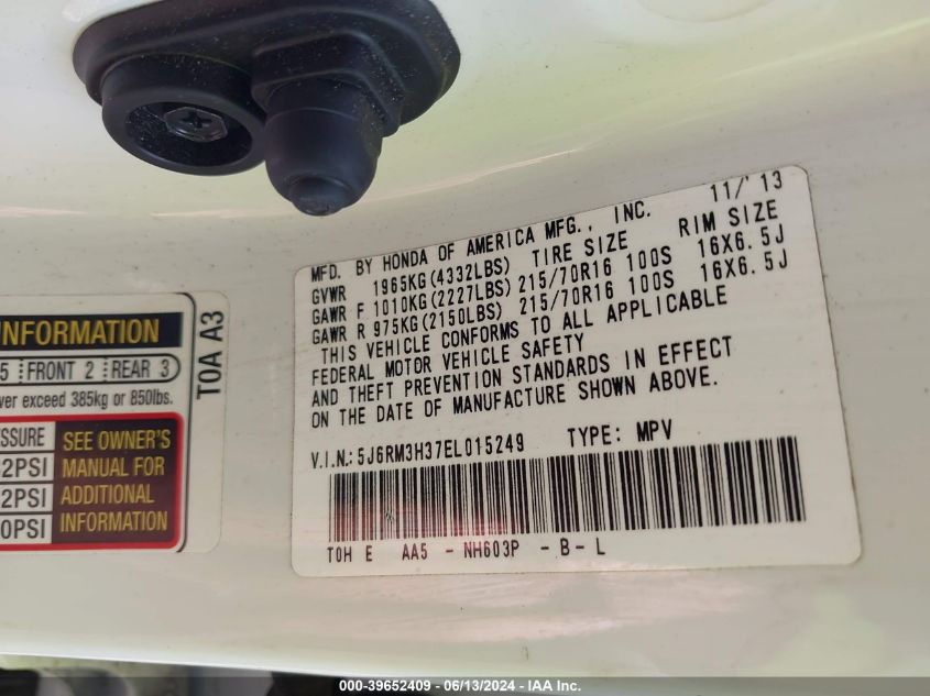 2014 Honda Cr-V Lx VIN: 5J6RM3H37EL015249 Lot: 39652409