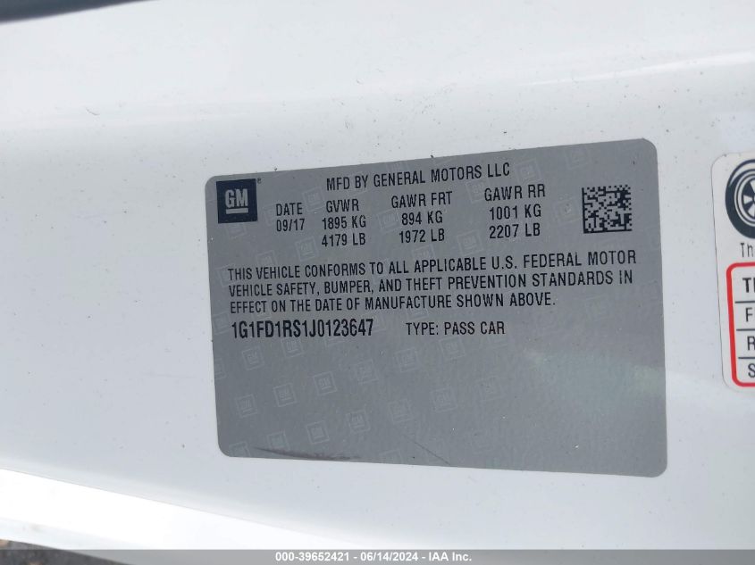 2018 Chevrolet Camaro 2Lt VIN: 1G1FD1RS1J0123647 Lot: 39652421