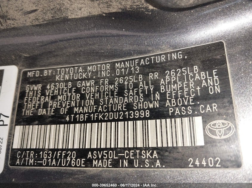 2013 Toyota Camry Se VIN: 4T1BF1FK2DU213998 Lot: 39652460