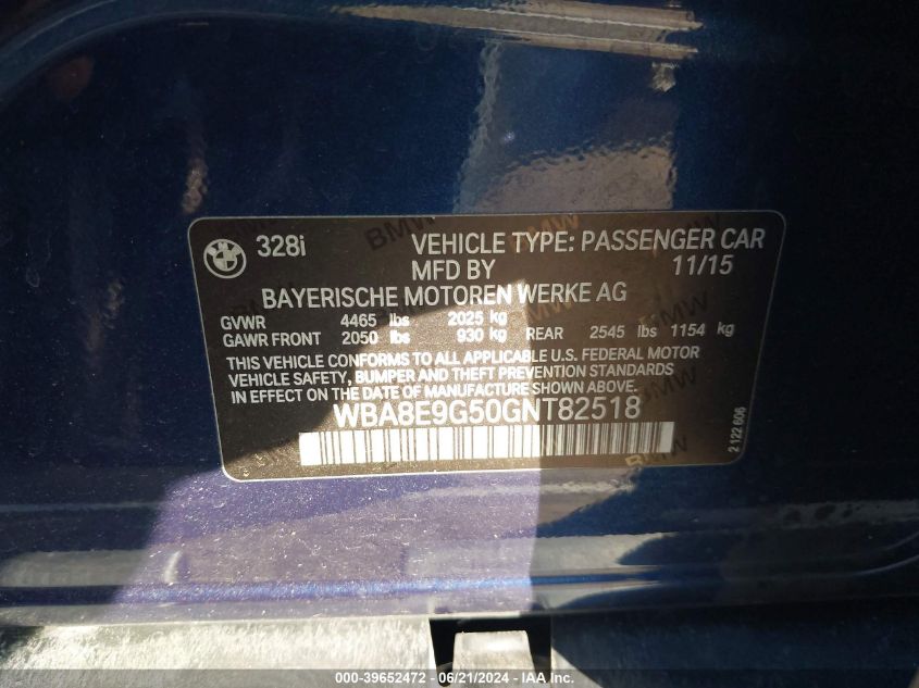 2016 BMW 328I VIN: WBA8E9G50GNT82518 Lot: 39652472