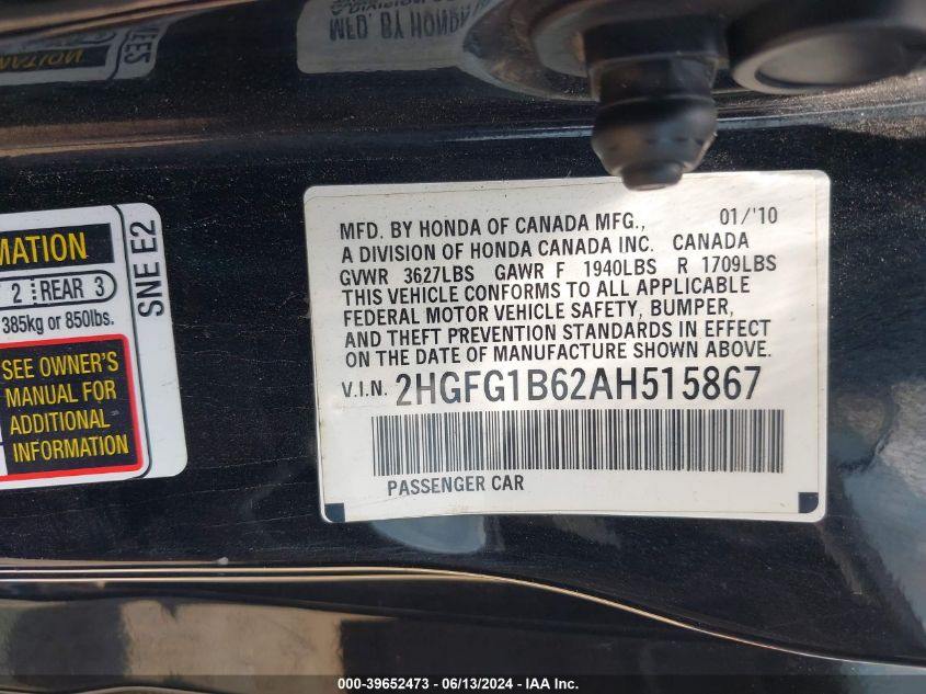 2010 Honda Civic Lx VIN: 2HGFG1B62AH515867 Lot: 39652473