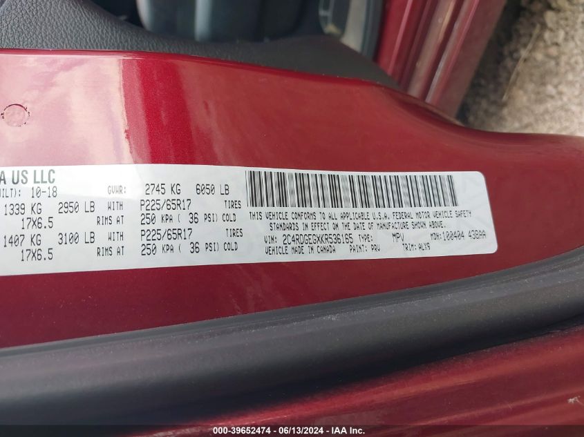 2019 Dodge Grand Caravan Gt VIN: 2C4RDGEGXKR536165 Lot: 39652474