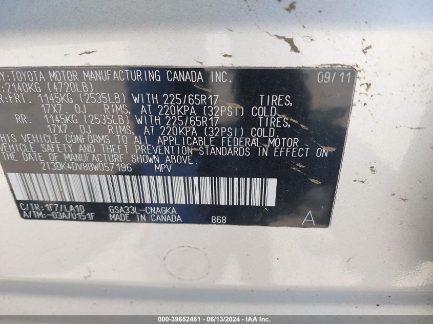 2011 Toyota Rav4 Limited V6 VIN: 2T3DK4DV8BW057196 Lot: 39652481