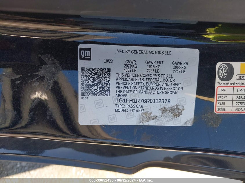 2024 Chevrolet Camaro Rwd 2Ss VIN: 1G1FH1R76R0112378 Lot: 39652490