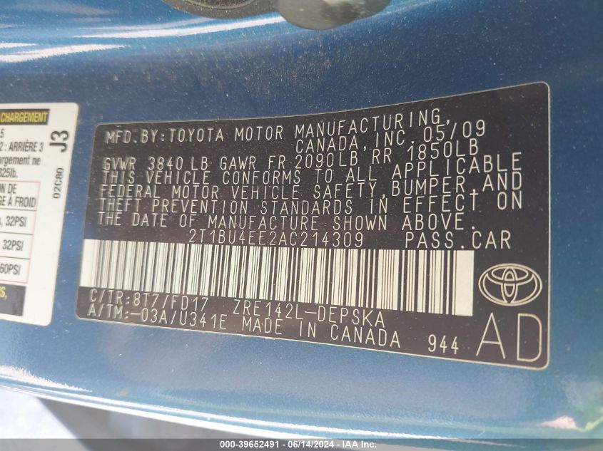 2010 Toyota Corolla S VIN: 2T1BU4EE2AC214309 Lot: 39652491