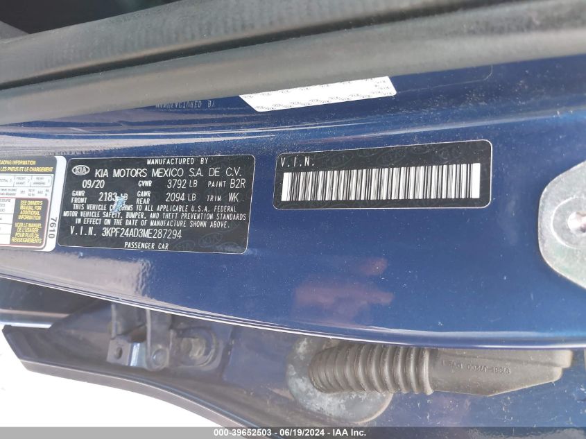 2021 Kia Forte Lxs VIN: 3KPF24AD3ME287294 Lot: 39652503