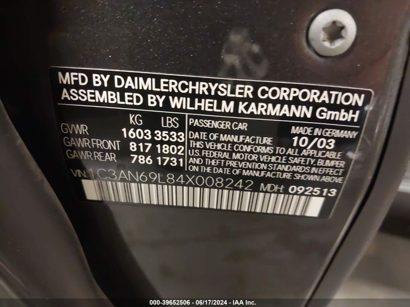 2004 Chrysler Crossfire VIN: 1C3AN69L84X008242 Lot: 39652506
