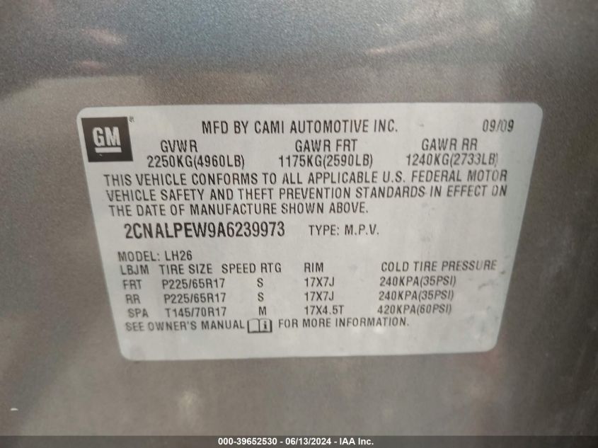 2010 Chevrolet Equinox Lt VIN: 2CNALPEW9A6239973 Lot: 39652530