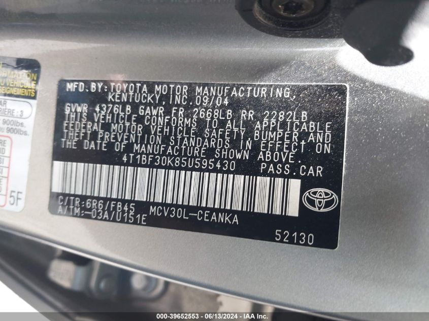 2005 Toyota Camry Le V6 VIN: 4T1BF30K85U595430 Lot: 39652553