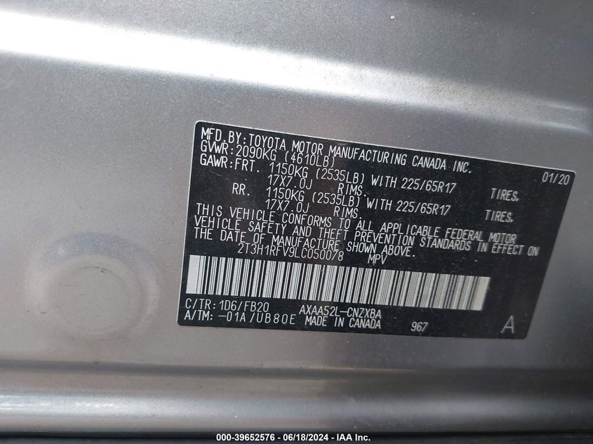 2020 Toyota Rav4 Le VIN: 2T3H1RFV9LC050078 Lot: 39652576
