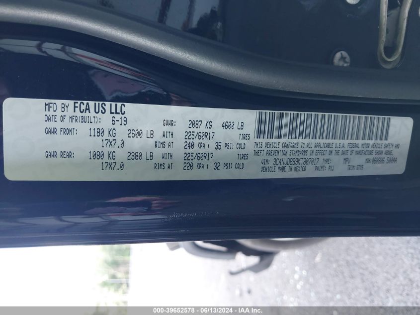 2019 Jeep Compass Latitude 4X4 VIN: 3C4NJDBB9KT807017 Lot: 39652578