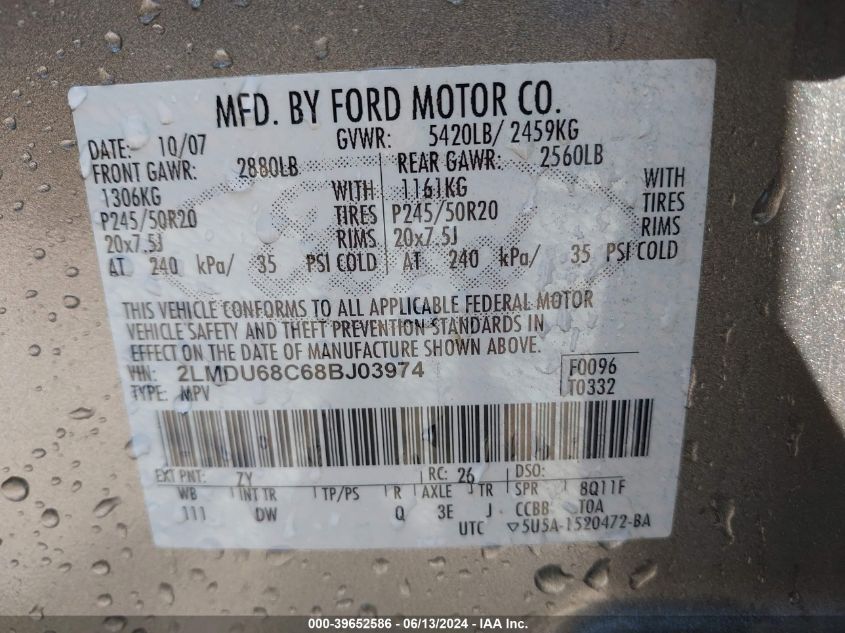 2008 Lincoln Mkx VIN: 2LMDU68C68BJ03974 Lot: 39652586