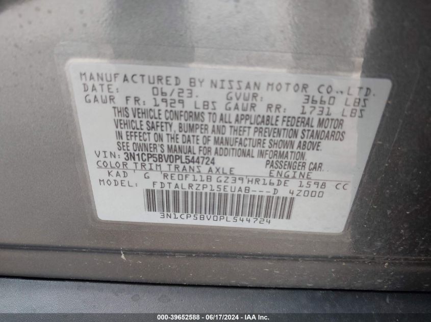 2023 Nissan Kicks S Xtronic Cvt VIN: 3N1CP5BV0PL544724 Lot: 39652588