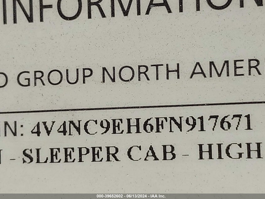 2015 Volvo Vn Vnl VIN: 4V4NC9EH6FN917671 Lot: 39652602