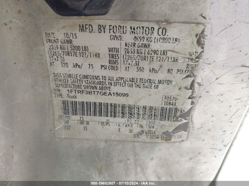 2016 Ford F-350 Xl VIN: 1FTRF3BT7GEA15090 Lot: 39652607