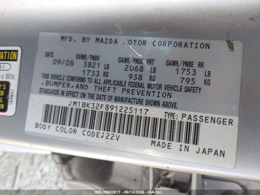 JM1BK32F891225117 | 2009 MAZDA MAZDA3