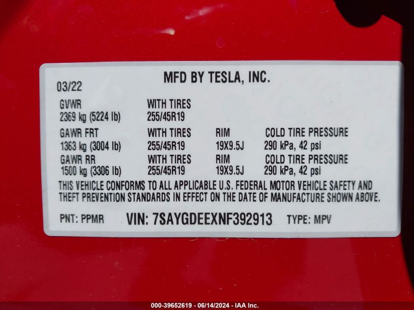 2022 TESLA MODEL Y LONG RANGE DUAL MOTOR ALL-WHEEL DRIVE - 7SAYGDEEXNF392913