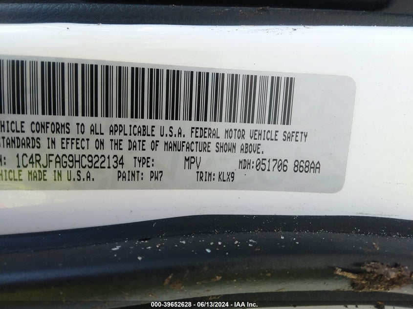 2017 Jeep Grand Cherokee Altitude 4X4 VIN: 1C4RJFAG9HC922134 Lot: 39652628
