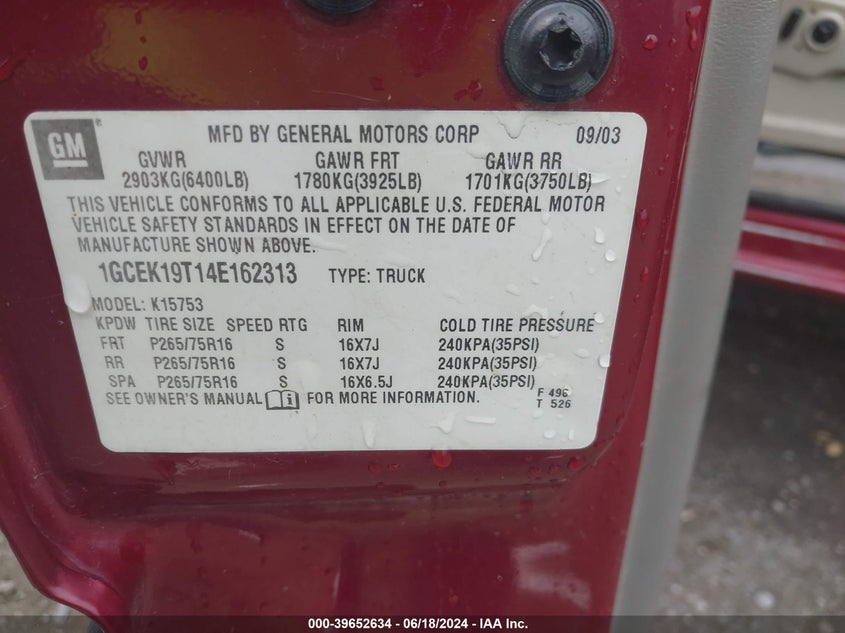 2004 Chevrolet Silverado 1500 Lt VIN: 1GCEK19T14E162313 Lot: 39652634