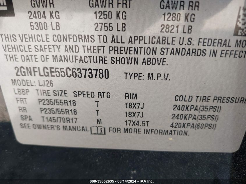 2012 Chevrolet Equinox Ltz VIN: 2GNFLGE55C6373780 Lot: 39652635