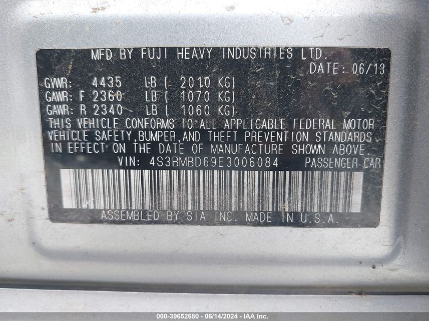 2014 Subaru Legacy 2.5I Premium VIN: 4S3BMBD69E3006084 Lot: 39652680