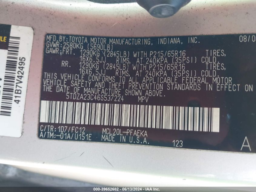 2006 Toyota Sienna Le VIN: 5TDZA23C46S537224 Lot: 39652682