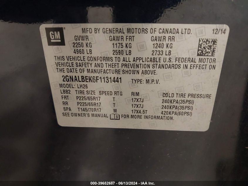 2015 Chevrolet Equinox 1Lt VIN: 2GNALBEK6F1131441 Lot: 39652687