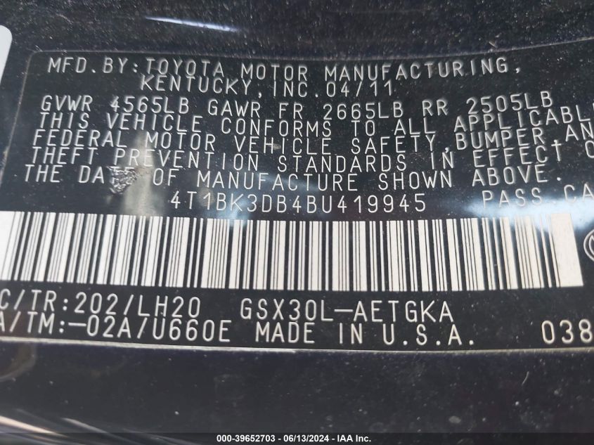 2011 Toyota Avalon VIN: 4T1BK3DB4BU419945 Lot: 39652703