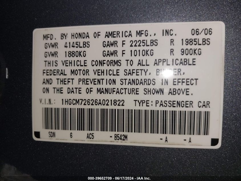 2006 Honda Accord 2.4 Ex VIN: 1HGCM72626A021822 Lot: 39652709
