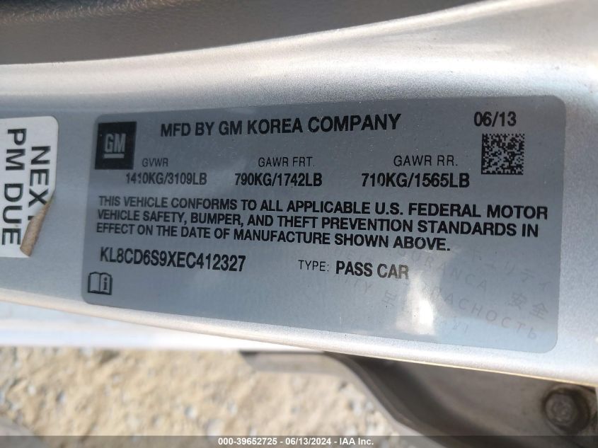 2014 Chevrolet Spark 1Lt Auto VIN: KL8CD6S9XEC412327 Lot: 39652725