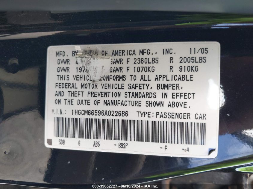 2006 Honda Accord 3.0 Ex VIN: 1HGCM66596A022686 Lot: 39652727