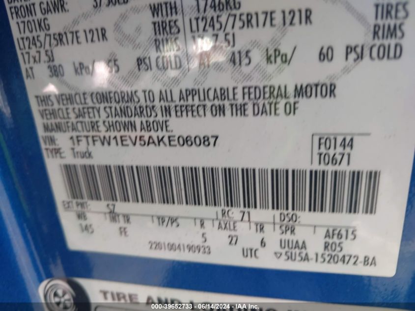 2010 Ford F-150 Fx4/Harley-Davidson/King Ranch/Lariat/Platinum/Xl/Xlt VIN: 1FTFW1EV5AKE06087 Lot: 39652733