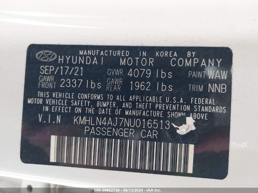 2022 Hyundai Elantra Hybrid Limited VIN: KMHLN4AJ7NU016513 Lot: 39652736