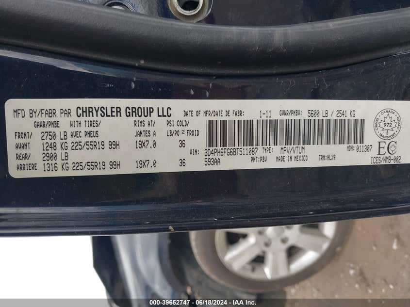 2011 Dodge Journey R/T VIN: 3D4PH6FG6BT511087 Lot: 39652747