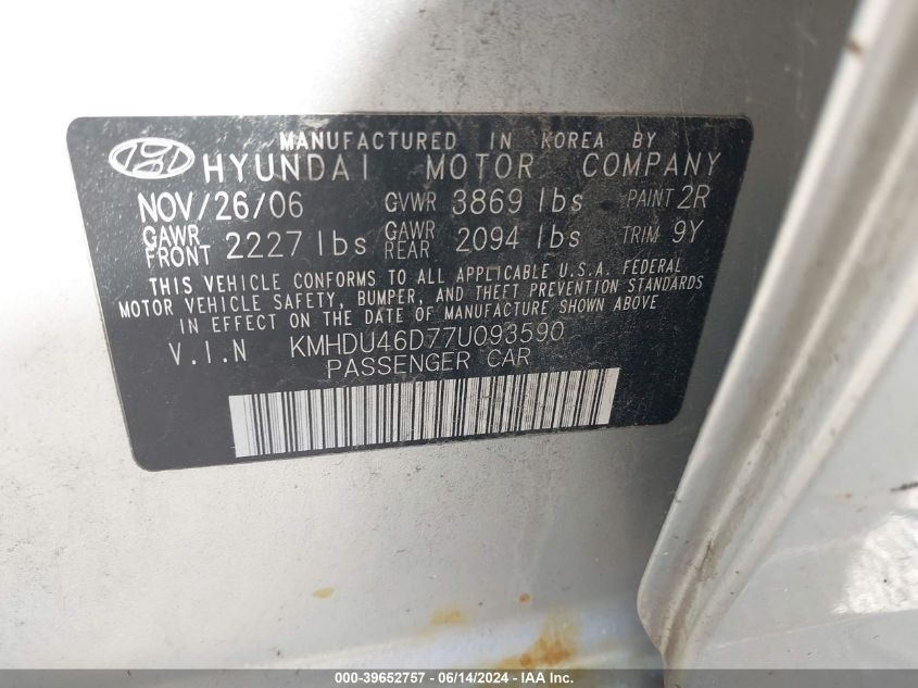 KMHDU46D77U093590 2007 Hyundai Elantra Gls/Limited/Se